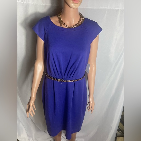 Calvin Klein Blue Sheath Dress Sz 12 Cap  Sleeve Leopard Belted Career Party NWT - Picture 1 of 11